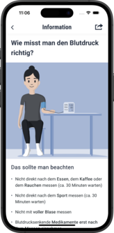 Anzeige "Wie misst man den Blutdruck richtig?" in der Manoa Plus App.