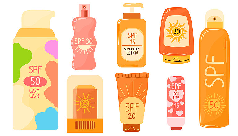 Illustrierte Sonnencremes, hauptsächlich in orange-Tönen.