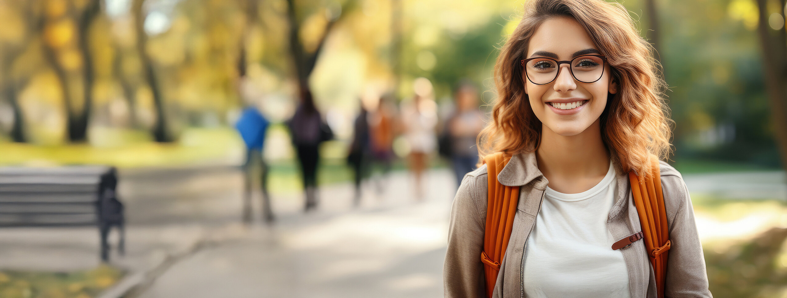 Junge Frau mit Brille und Rucksack, im Hintergrund verschwommen Personen