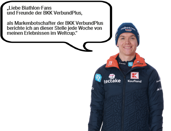 Justus Strelow mit Sprechblase: "Liebe Biathlon-Fans und Freunde der BKK VerbundPlus,   als neuer Markenbotschafter der BKK VerbundPlus berichte ich an dieser Stelle jede Woche von meinen Erlebnissen im Weltcup."